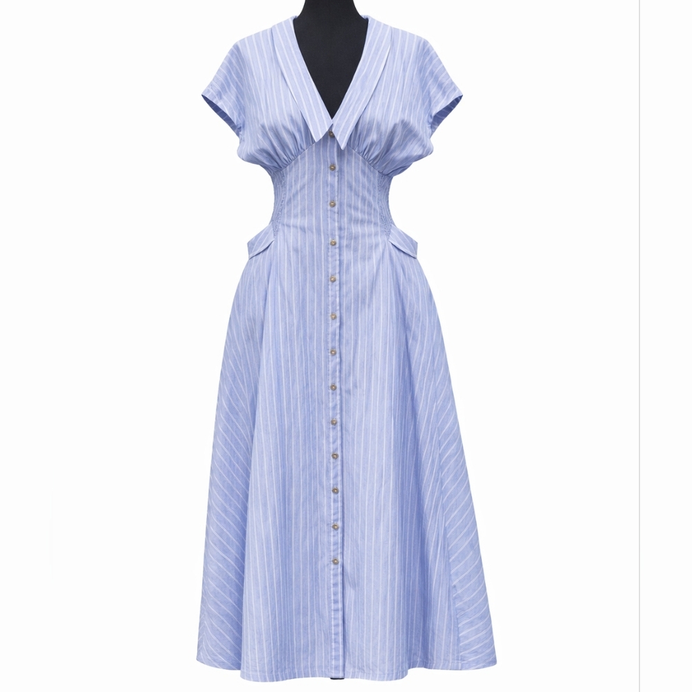 Anthropologie Pinstripe Button-Front Midi Dress, Smocked Waist Boho, Size SP